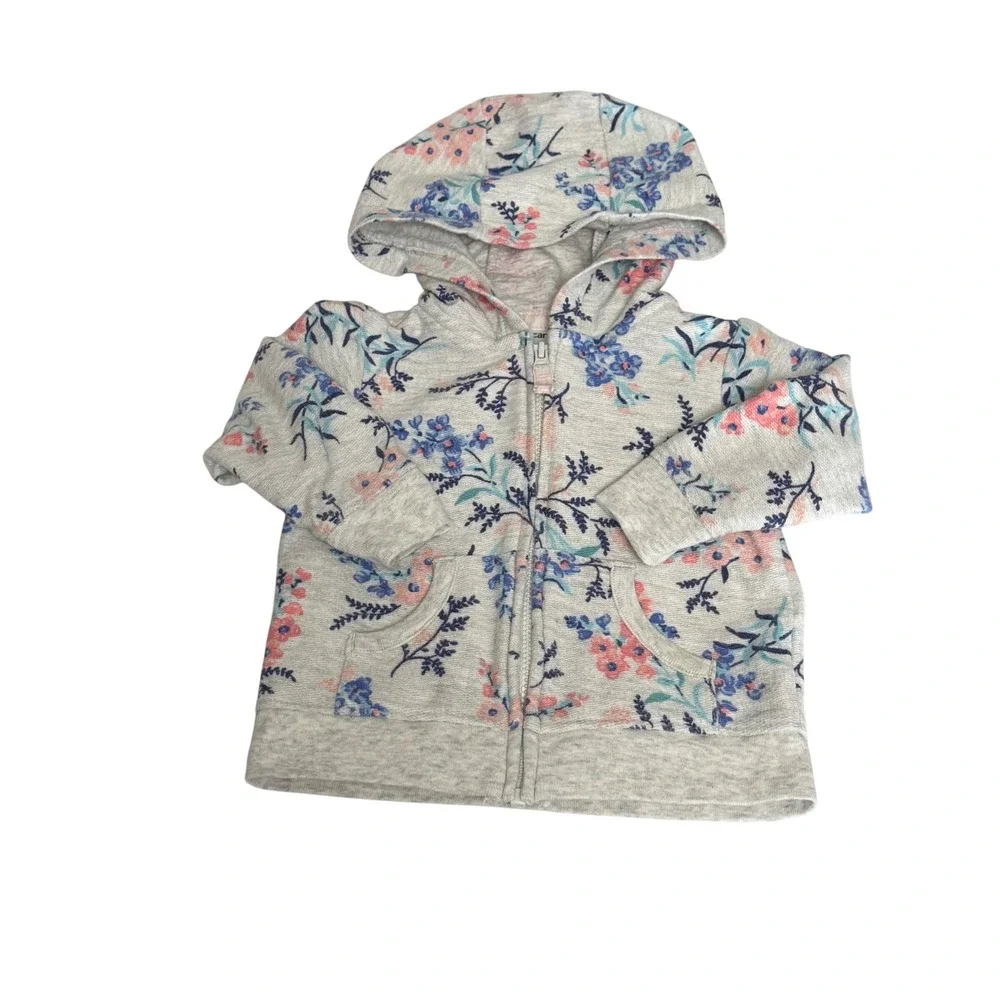 Carters Baby Girls Floral Zip Up Hoodie Gray Pink Blue 6 Months Light‎ Weight